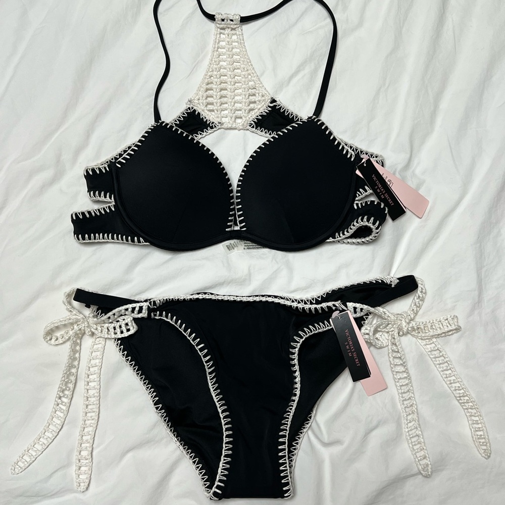 Victoria's Secret Black and White Bikini with Crochet Detail
